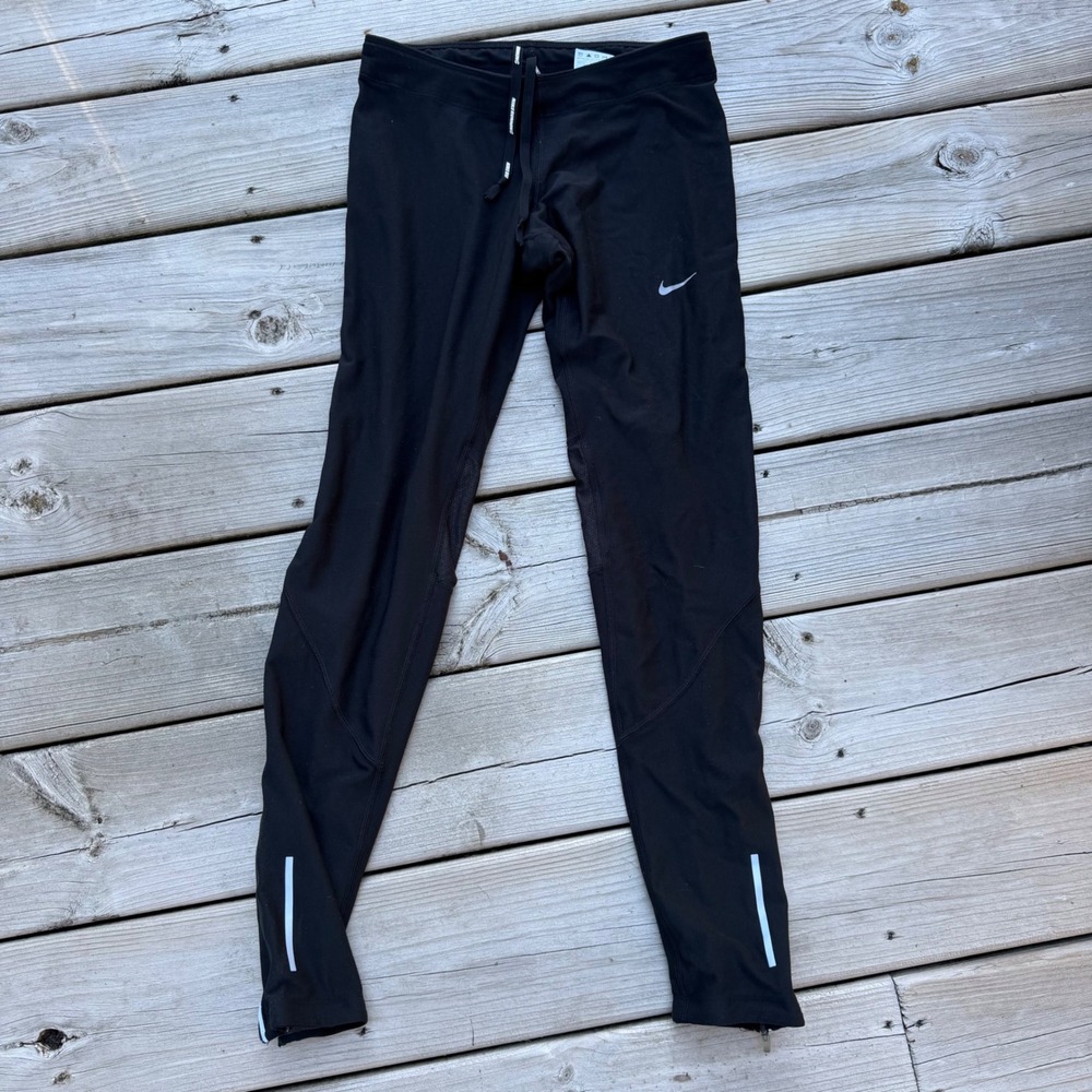 Nike Dri-FIT Women Running Tights Black Mesh Ankle Zip Leggings 717413-010 Small